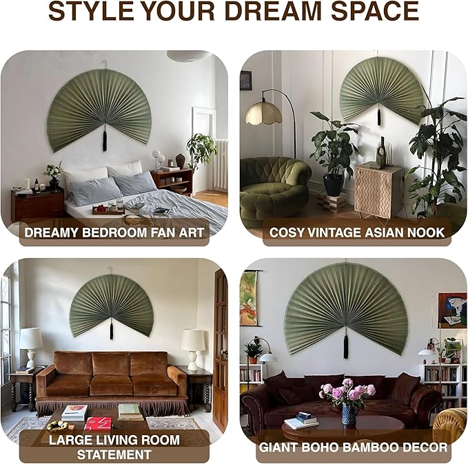Chicvillage Fan Wall Decor 60", Fan Decor for Bedroom, Wall Fan Decor Large Bamboo Handwoven Art, Decorative Fans for Wall, Boho Headboard Hanging (Green)