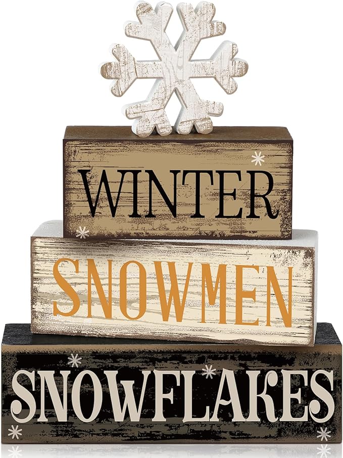 Moucuny 4 Pcs Winter Table Decorations Wooden Snowflake Decor Christmas Tiered Tray Decor Rustic Snow Block Signs Gift Farmhouse Christmas Centerpiece for Winter Wonderland Party Kitchen Shelf Home