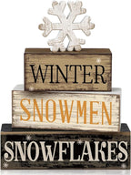 Moucuny 4 Pcs Winter Table Decorations Wooden Snowflake Decor Christmas Tiered Tray Decor Rustic Snow Block Signs Gift Farmhouse Christmas Centerpiece for Winter Wonderland Party Kitchen Shelf Home