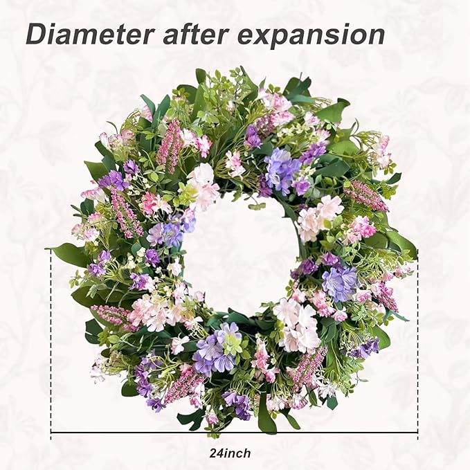 24 Inch Spring Summer Wreaths for Front Door, Purple Pink Hydrangea Wreath with Wildflowers Purple Forsythia, Artificial Silk Floral Wreath Farmhouse Rustic Decor for Outdoor Wall Window Home