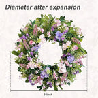 24 Inch Spring Summer Wreaths for Front Door, Purple Pink Hydrangea Wreath with Wildflowers Purple Forsythia, Artificial Silk Floral Wreath Farmhouse Rustic Decor for Outdoor Wall Window Home