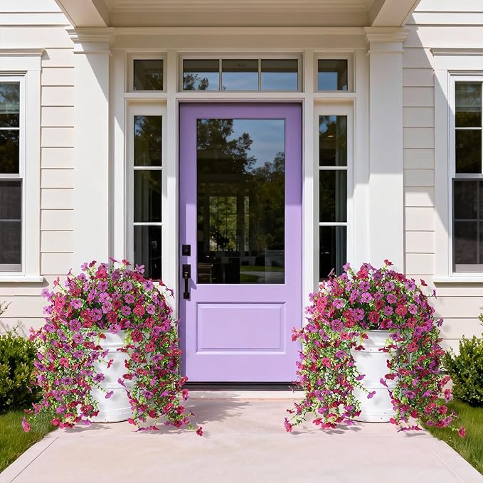 Homsunny Artificial Hanging Flowers for Outdoor, 2PCS Fake Flowers Faux Silk Daisy with Eucalyptus Leaves, UV Resistant Aritificial Flowers for Spring Home Patio Yard Porch Decor (Light Purple Red)