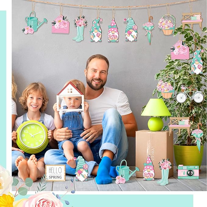 Maitys 36 Pcs Spring Flower Wooden Ornaments Sunflower Tulip Easter Tree Decoration Floral Gnome Hanging Wood Cutout Pastel Spring Decor for Home Small Tree Party(Dreamy)