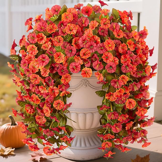 Artificial Fall Hanging Flowers for Outdoors Decoration, 2PCS Fake Plants Faux Realistic Silk Morning Glory Long Vines UV Resistant for Autumn Outside Porch Patio Balcony Yard Planter, OrangeRed