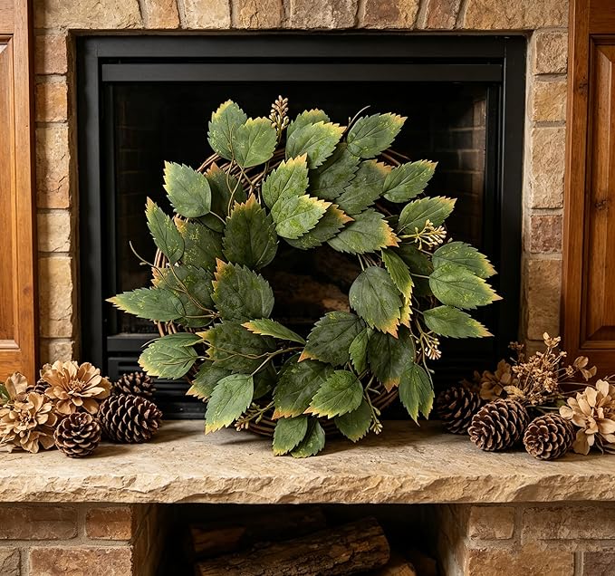 2 Pcs 16" Green Hibiscus Leaf and Eucalyptus Leaf Wreath - Artificial Greenery Candle Ring Wreath for Table, Front Door, Porch, Window & Home Holiday Decor - All Season Hanging Wreath