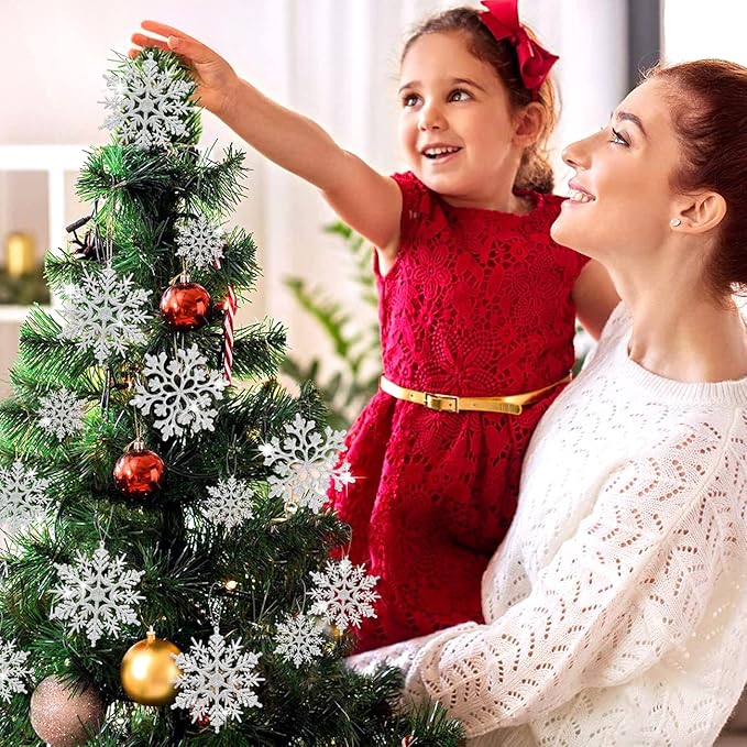 46Pcs Plastic Snowflake Ornament Christmas Glitter Snowflake Hanging Christmas Tree Decorations with Silver Rope for Winter Decorations Tree Window Door Accessories (Silver)