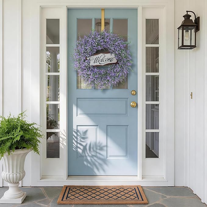 26" Artificial Lavender & Eucalyptus Wreath with Welcome Sign for Front Door, Porch, Window - Large Greenery Outdoor Wreath for Home, Farmhouse Decor - Spring, Summer, All Seasons (Purple)