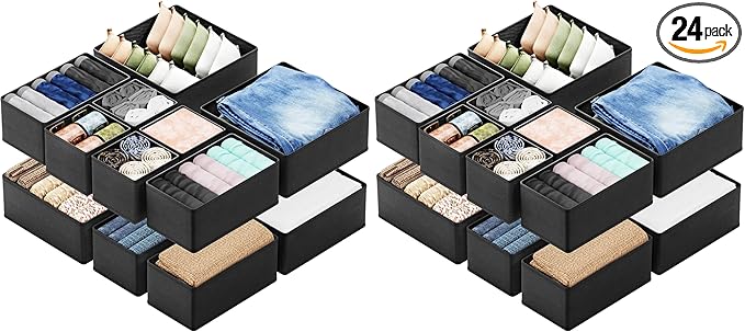 SpaceAid Drawer Organizer Clothes, 24 Pack Dresser Organizer Bins for Nursery, Closet Organization and Storage Dividers for Clothing, Baby Clothes, Underwears, Socks (Black)
