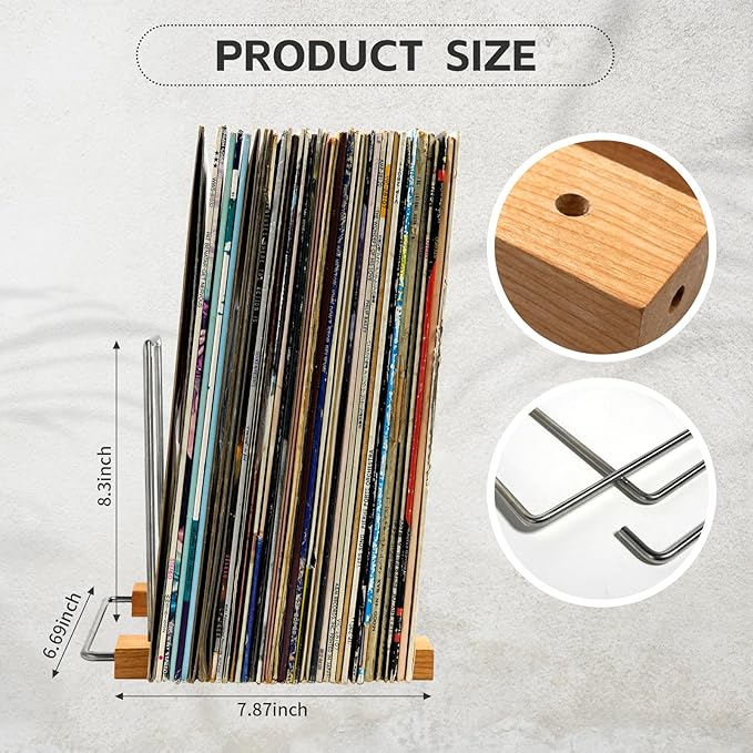 40 LP Vinyl Record Storage Solid Cherry Wood Record Holder Vinyl Record Holder Record Display For Albums Vinyl Holder & Vinyl Stand (Stainless Steel)