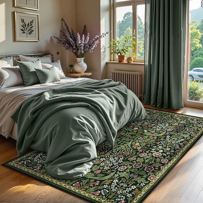 Moynesa Floral Washable 5x7 Rug, Green Area Rugs for Living Room, Non Slip Boho Dining Room Rug Under Table, Botanical Ultra Thin Floor Carpet for Bedroom Home Office, Green
