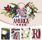 Idyllic God Bless America Sign 4th of July Wreath Patriotic Wreath for Front Door, 16" Red White and Blue Flower Wooden Sign for Memorial Day Independence Day Decoration