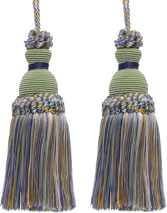 DÉCOPRO Beautiful Hand-Crafted 5" (12.5cm) Key Tassel, 3 1/2" (8.5cm) Loop # IKTJ, Spring Green #4668 (Mint Green, Sky Blue, Light Gold) Set of 2