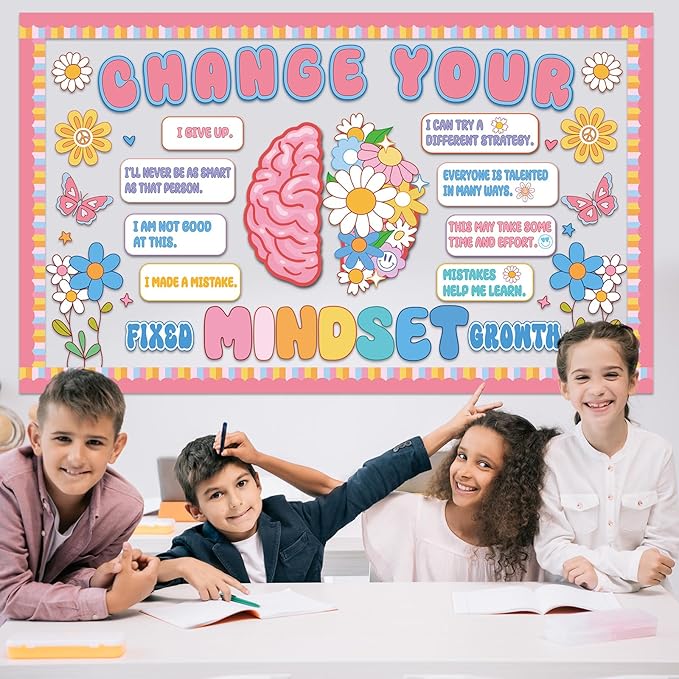 Growth Mindset Bulletin Board Classroom Decoration Boho Hippie Change Your Mindset Bulletin Board Set Spring Pastel Daisy Brain Butterfly Cutout Positive Saying Poster Decor for Back to School Teacher