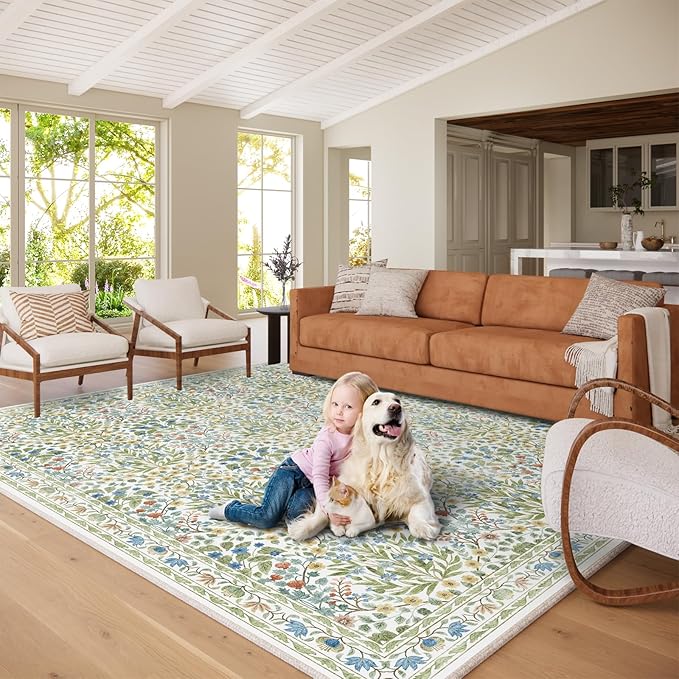 Washable 8x10 Area Rug - Light Green Oriental Design for Living Room, Bedroom, Dining Room & Under Kitchen Table - Stain Resistant, Non-Slip Large Rug
