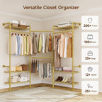 L3 Industrial Pipe Closet Organizer System, Wall Mounted Clothes Rack Clothing Racks with 4 Telescopic Rods & 6 Shelves , Heavy Duty Closet System in Wardrobe Closet (Gold)