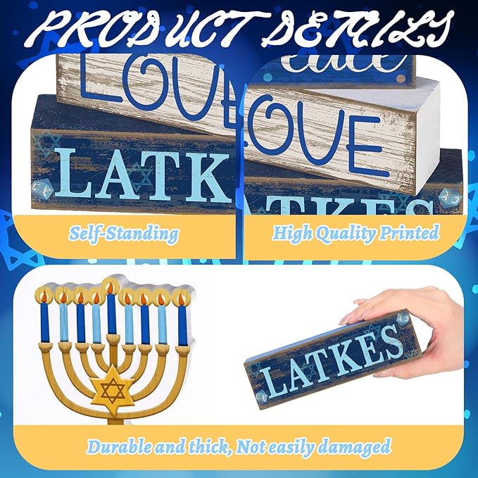 Lineshading 4 Pcs Hanukkah Decorations for Home Chanukah Table Decor Wooden Menorah Decoration Hanukkah Centerpiece Rustic Menorah Block Signs Jewish New Year Decoration for Home Tiered Tray Decor