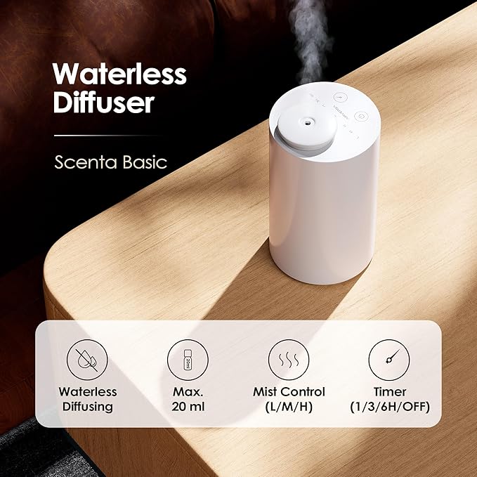 Airversa Waterless Diffuser for Essential Oil, Car Diffsuer, Battery Operated Nebulizer, 0.7 Fl Oz/ 20mL, Mini Scent Air Machine, 3 Timers & 3 Mist Levels for Home, Room, Car, Office - AN6 White