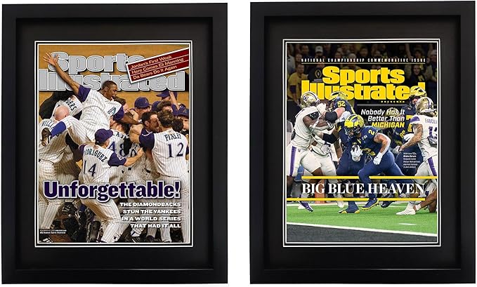 Goldfinch 2 Packs Sports Magazine Frame Displays Magazines Measuring 8.5 x 11.25 or 8.25 x 11 inches with Double Black Core Matting, Deep Frame Moulding, with Installed Hangers