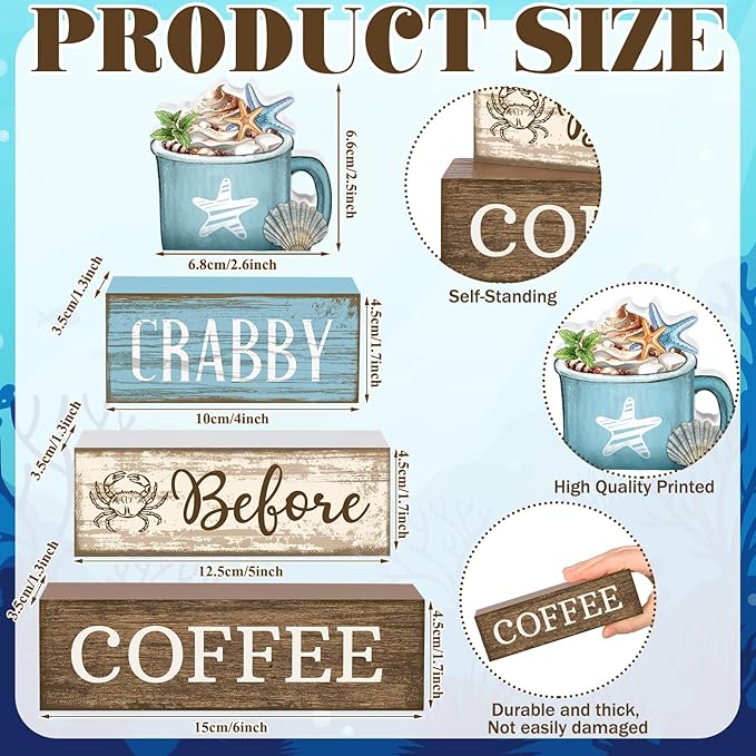 Lineshading 4 Pcs Summer Table Decorations Wooden Beach Coffee Decor Summer Tiered Tray Decor Farmhouse Crabby Before Coffee Crab Block Signs Gifts for Beach Nautical Party Home Office Decorations