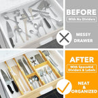 SpaceAid Bamboo Drawer Dividers with Inserts and Labels, Kitchen Adjustable Drawer Organizers, Expandable Organization for Home, Office, Dressers and Bathroom, 8 Dividers with 18 Inserts (17-22 in)