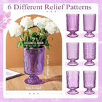 6 Pcs (H:7" W:4") Embossed Flower Vase Pedestal Glass Vase Big Base Thickened Crystal Vintage Vases for Valentines Day Wedding Home Decor Table Centerpiece House Warming Gifts(Purple)