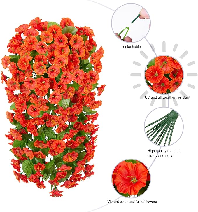 HyeFlora Artificial Fake Hanging Flowers Plants for Outdoor Outside Spring Decor, 2PCS Faux Silk Orange Morning Glory Trailing Vines UV Resistant Look Real for Home Planter Porch Patio
