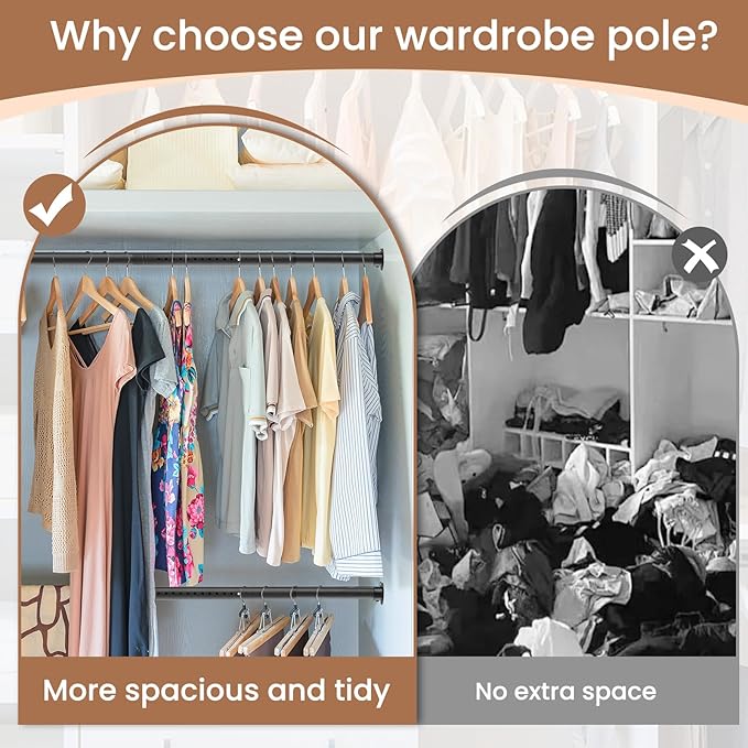 Metal Black Closet Rods for Hanging Clothes, 1.3 Inch Diameter Heavy Duty Closet Rod 17-51 Inch Adjustable Clothes Hanging Bar Shower Curtain Rods for Closet, Wardrobes, Bathroom, Windows