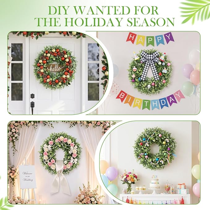 20" Boxwood Wreath for Front Door - UV Resistant Artificial Greenery Wreath with Detachable Hello Sign & Sash, All-Season Spring or Summer Wreaths Decorative Wreath for Indoor/Outdoor Wall