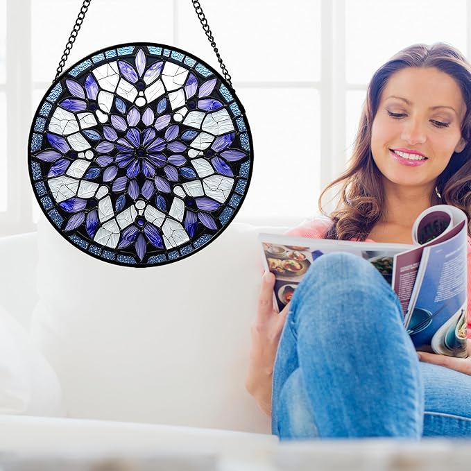 Stained Glass Window Hanging, Purple Blue Tiffany Style Flowers Sun Catcher for Window Door Home Decor Suncatcher Christmas Mother's Day Birthday Gifts for Women Men Mom Nana 7.8 in