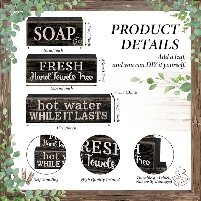 Lineshading 4 Pcs Bathroom Shelf Decor Sign Farmhouse Bathroom Decor and Accessories Rustic Eucalyptus Leaves Block Sign Soap Fresh Hand Towel Free Table Centerpiece for Home Toilet Hotel Campsite