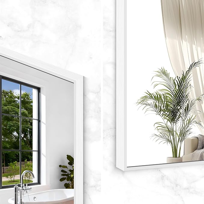 BONEWEI White Bathroom Mirror,30x36 inch Wall Mirror for Bathroom Wall Mounted,Rectangle Mirror for Bathroom Over Sink,Modern Metal Frame for Living Room,Bedroom Entryway,Horizontal/Vertical