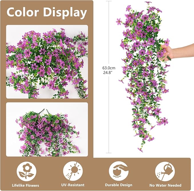 Artificial Hanging Flowers for Outdoors, 2 Pcs Fake Hanging Plant Spring Summer Decor, UV Resistant No Fade Realistic Faux Flower for Front Door Porch Planter Patio Garden Yard(Purple)