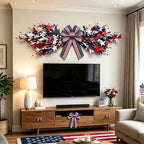 4th of July Patriotic Swag Red White and Blue Memorial Day Front Door Floral Twigs Swag with Forsythia Flowers Stars Independence Day 250th Anniversary Veterans Day Decor for Arch Wall Home Decor