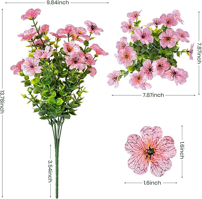 Lnoicy 20 Bundles Artificial Flowers for Outdoor Fake Plants for Spring Decoration,Faux Eucalyptus Flowers for Planter UV Resistant Lifelike for Home Porch Garden（Pink）