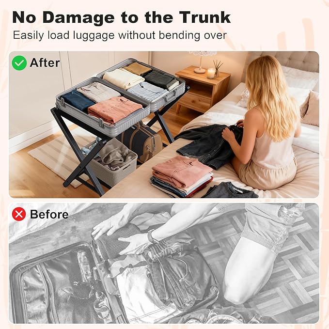 26.77"L Luggage Rack, Black Luggage Rack for Guest Room, Bamboo Folding Suitcase Stand with Storage Shelf, 5 Nylon Straps, Heavy Duty Luggage Holder for Bedroom Hotel, 1 Pack, Gift Box Packaging