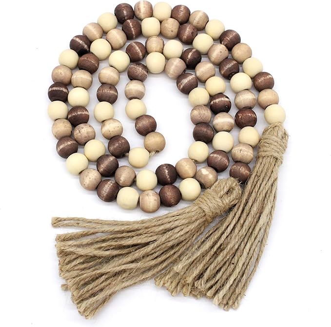 Farmhouse Decor Beads 60in Wooden Bead Garland with Tassels Boho Rustic Home Decor Accent Prayer Country Minimalist Decoration for Wall Hanging Room Table Mantle Shelf