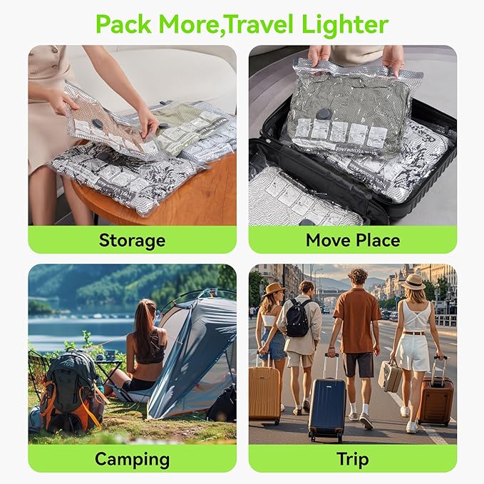 12 Pack Vacuum Travel Bags with Pump for Clothing with USB and TYPE C Pump,Carry-on Size Space Saver vacuum seal bags for clothing Storage Bags for Vacation Cruise（Green）