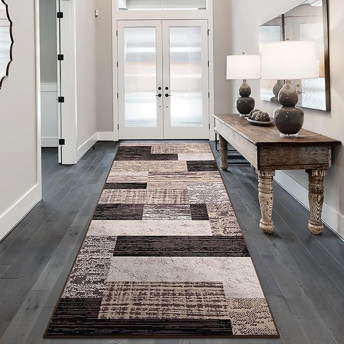 FlyDOIT Modern Geometric Patchwork Area Rug, 2x6 Chocolate Runner Rugs for Living Room, Rockwood Collection Indoor Rugs for Bedroom, Throw Carpet Floor Decor for Entryway Dining Room Office Nursery