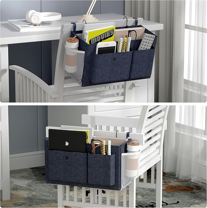 Edudif Bedside Caddy Bedside Organizer with Fixed Straps & Water Bottle Holder, Bunk Bed Caddy ideal for Home, Dorm, Hospital, Crib, Versatile Bedside Storage Solution