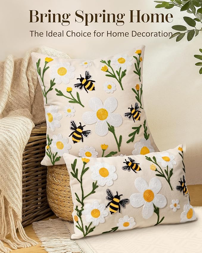 Embroidered Lumbar Pillow Cover 20x12 Inch - Spring Summer Boho Decorative Pillow Cover with Zipper for Living Room Couch Sofa Bed Aesthetic Design Flower Bee Cushion Pillowcase