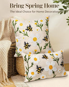 Embroidered Throw Pillow Cover 20x20 Inch - Spring Summer Boho Decorative Pillow Cover with Zipper for Living Room Couch Sofa Bed Aesthetic Design Flower Bee Cushion Pillowcase