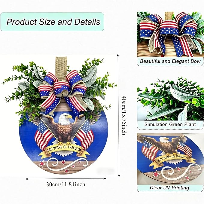 12" Patriotic Wreath for Front Door Wooden Welcome Sign, 4th of July Decorations Outdoor with USA 250th Anniversary Flag, Memorial Day Patriotic Decor (Color-Freedom1)