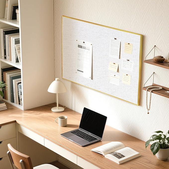Linen Bulletin Board 30" x 20", White Fabric Pin Board with Gold Aluminum Frame, Decorative Vision Board for Home Office, Bedroom & Dorm Wall Decor, Includes 10 Push Pins
