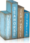Lineshading 4 Pcs Summer Table Decoration Wooden Book Coastal Beach Decoration Blue and White Summer Tiered Tray Decor Wood Book Sign Farmhouse for Ocean Party Home Shelf Coffee Table