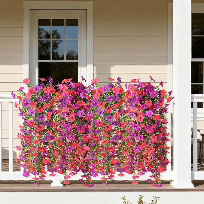 Artificial Fake Hanging Flowers Plants for Outdoor Spring Decoration,2 PCS Faux Silk Morning Glory with Eucalyptus Leaves,UV Resistant Realistic Trailing Vines for Balcony Porch Patio Yard Garden