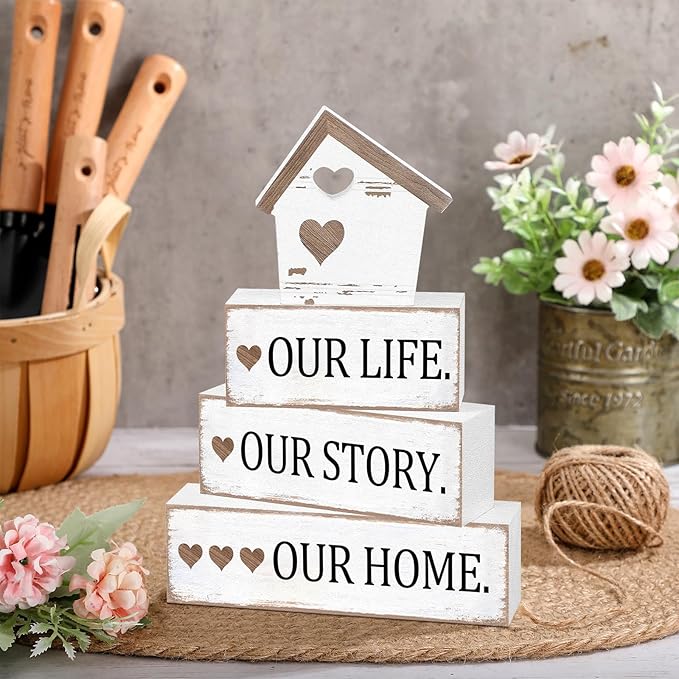 Cinnvoice 4 Pcs Farmhouse Tabletop Decor Rustic Family Blessed Home Table Centerpiece This Is Us Sign for Kitchen Shelf Desk Fireplace Mantel Tiered Tray Decor(Distressed Our Life Story Home)