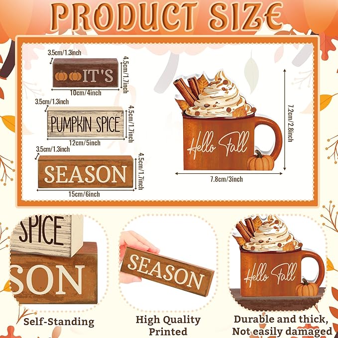 Lineshading 4 Pcs Fall Decorations for Home Wooden Hot Cocoa Cup Block Sign Thanksgiving Tiered Tray Decor Thanksgiving Centerpiece Rustic Fall Table Decor for Autumn Harvest Party Home Kitchen