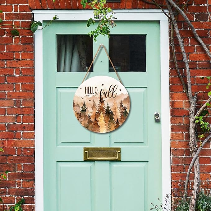 Hello Fall Wreath for Front Door Outside Autumn Thanksgiving Welcome Sign Fall Forest Trees Wood Door Hanger 12x12 Inch Rustic Farmhouse Indoor Outdoor Decor for Home Porch Wall Hanging Plaque