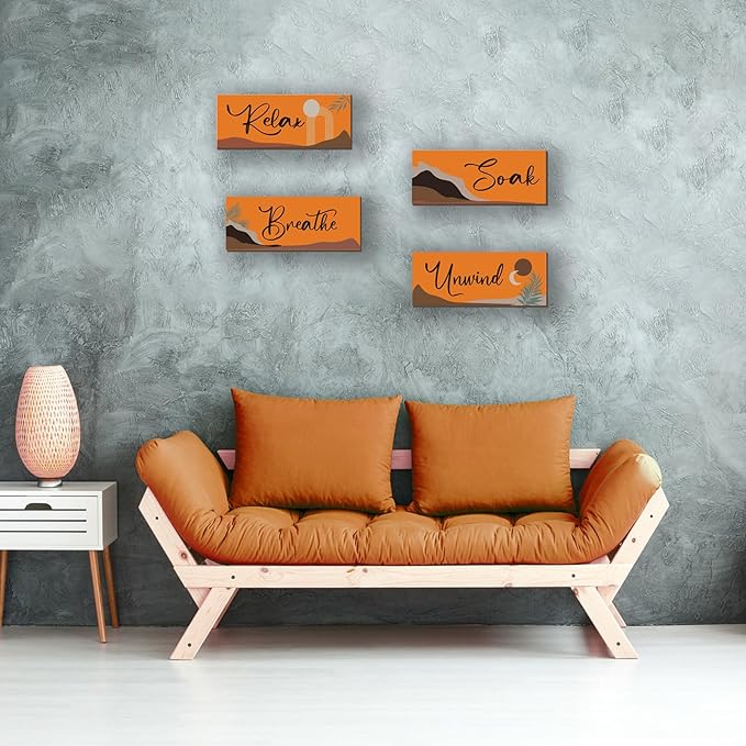 ONIZHITY 4 Pcs Orange Bathroom Decor Boho Wall Art With Relax Soak Unwind Breathe Quotes - Abstract Wooden Farmhouse Decor for Bedroom Living Room Office (10x4 Inch)