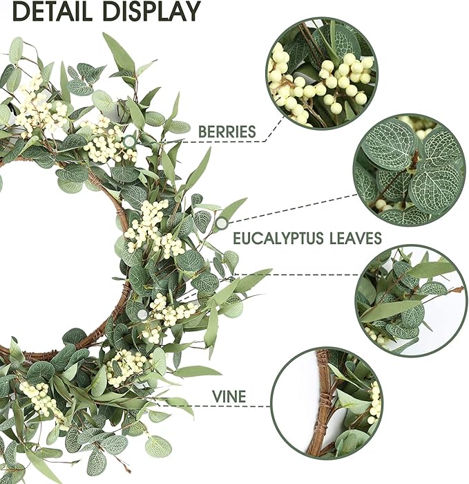 Pinkpum 22'' Eucalyptus Wreath for Front Door, Porch, Window - Green Decor for Home, Farmhouse - Spring, Summer, Fall, All Seasons